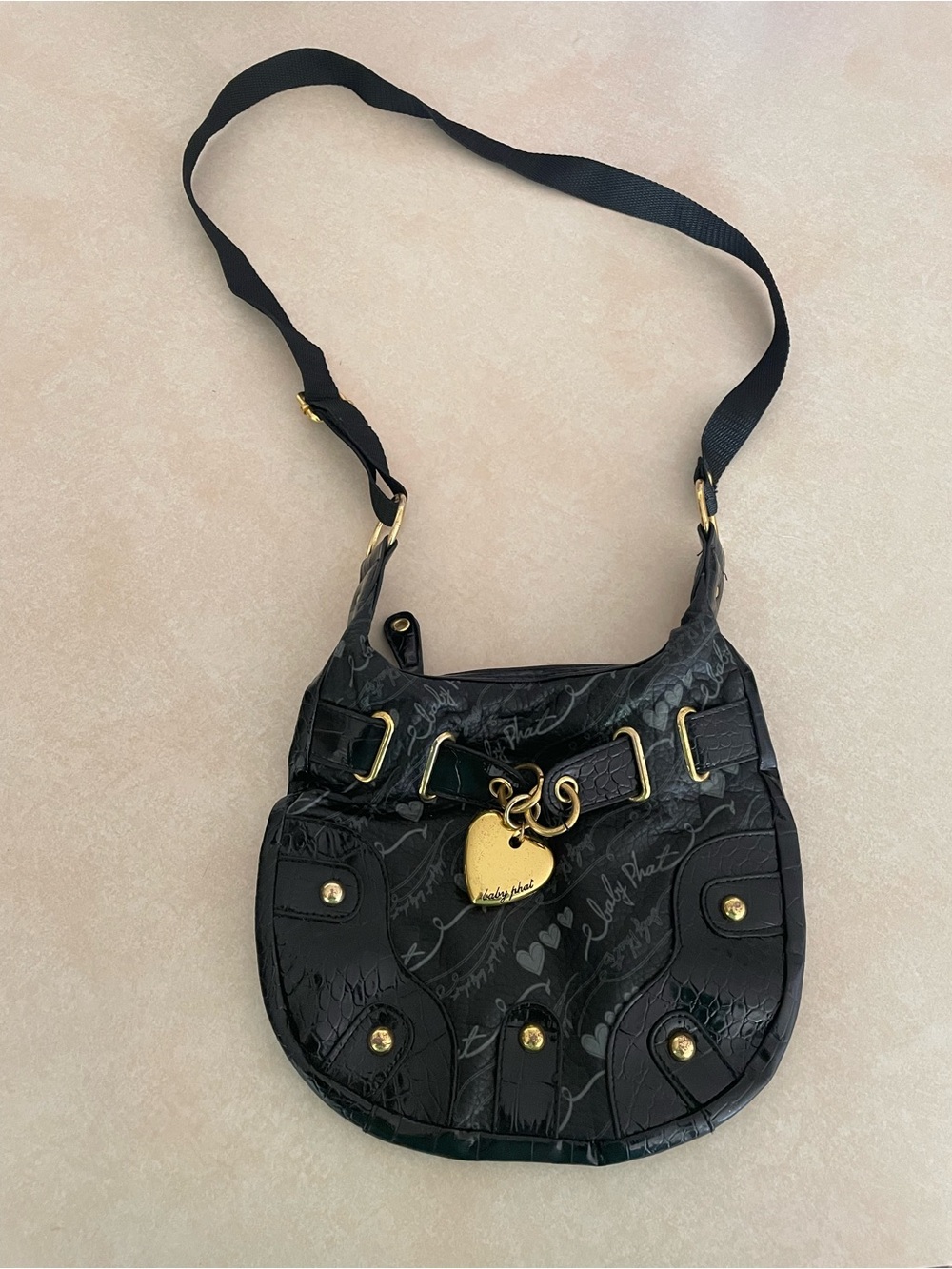 Baby Phat Vintage Y2K Black Shoulder Bag Purse Gold Heart Charm McBling Era